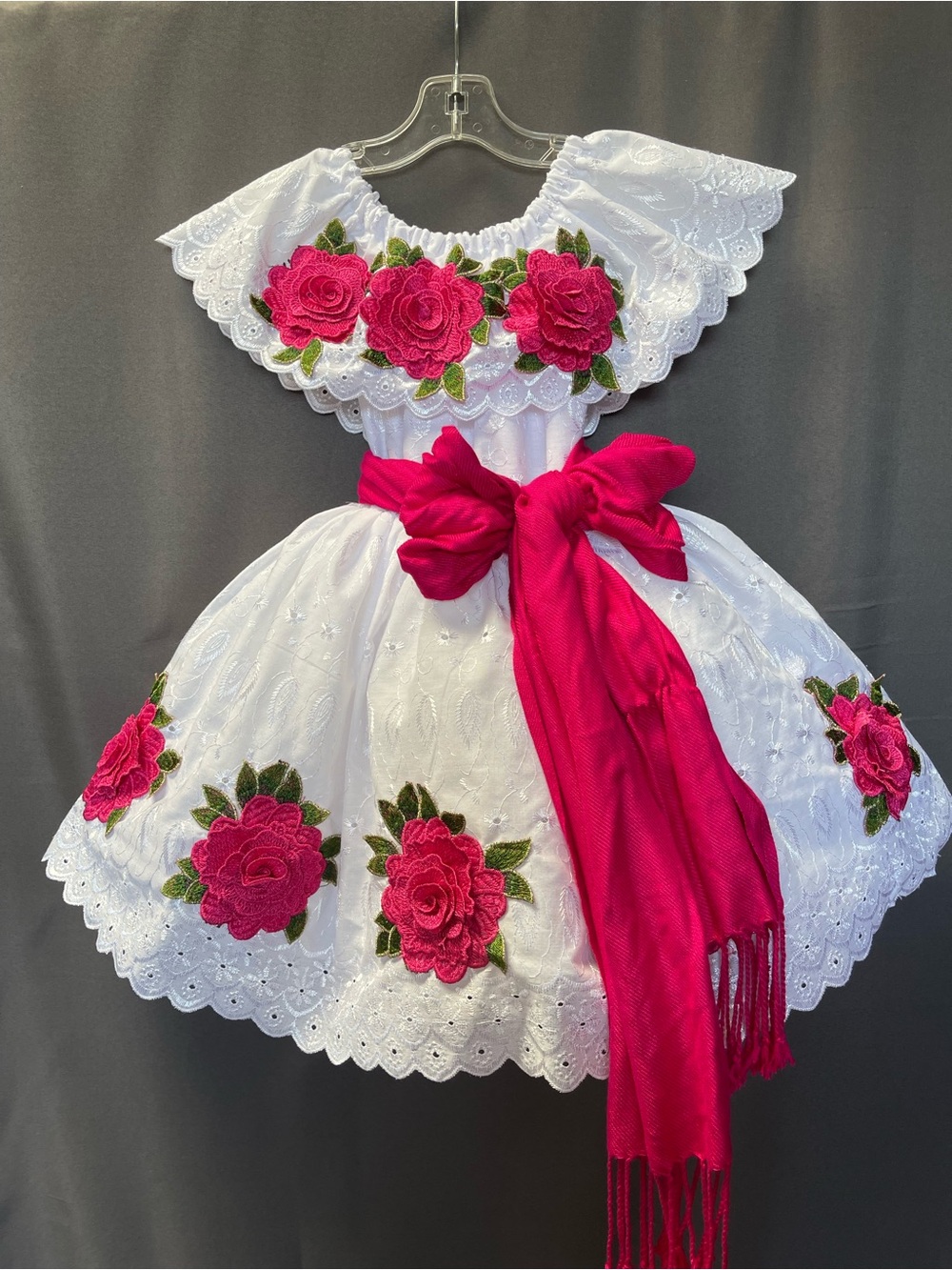 Girls White Dress with Fuchsia Rose Embroidery and Sash